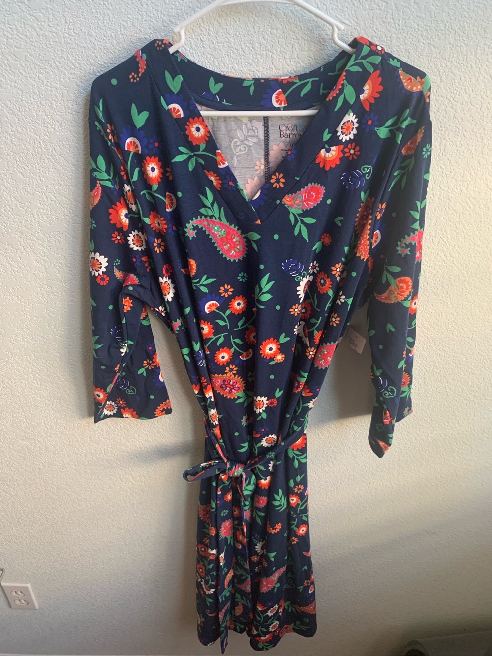 croft & barrow Navy Floral Wrap Dress with Red and Green Accents